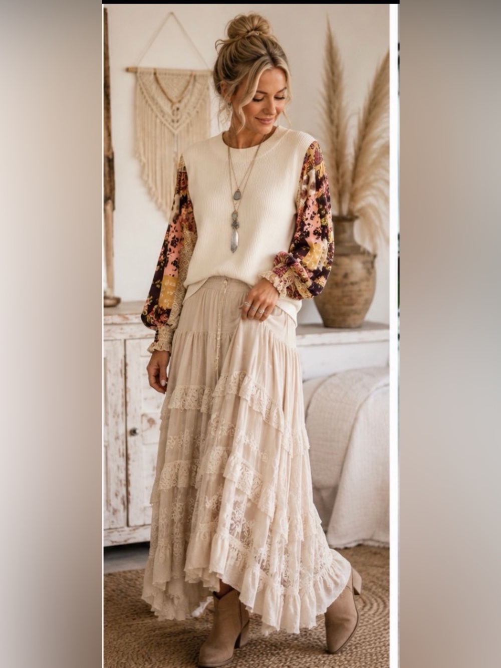 THML Cream Ribbed Sweater with Floral Puff Sleeves (Multi) - Picture 2 of 11
